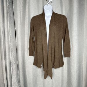 Eileen Fisher Petite Sweater Cardigan Womens Large Brown Open Draped Front Wool*